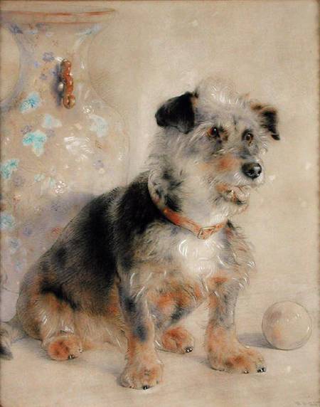 Terrier seated before a Canton Famille Rose Vase od William Huggins