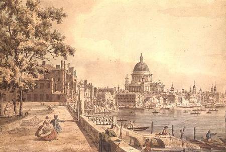 A copy of part of a drawing by Canaletto, of St. Paul's Cathedral from the Terrace of Somerset House od William James