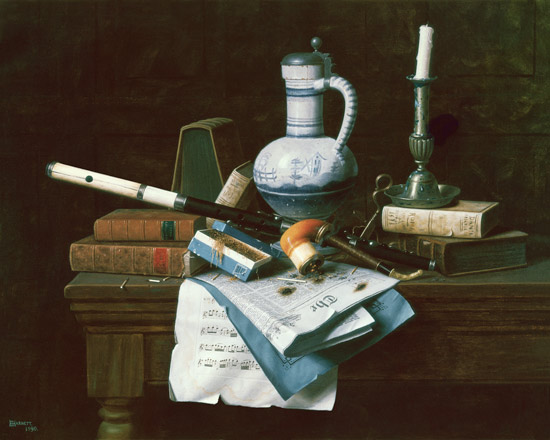 Quiet life with flute, pipe, books and other utensils od William Michael Harnett