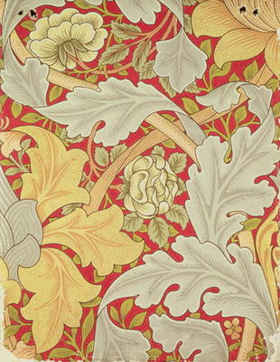 Acanthus leaves and wild rose on a crimson background, wallpaper design od William  Morris