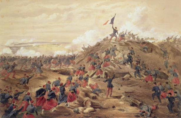 The Attack on the Malakoff, plate from 'The Seat of War in the East', pub. by Paul & Dominic Colnagh od William Simpson