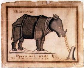 'Rhinoceros, drawn and wrote by William Twiddy who never had the use of hands or feet'