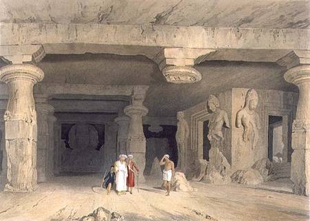 Interior of the Great Cave Temple of Elephanta, near Bombay, in 1803, from Volume II of 'Scenery, Co od William Westall