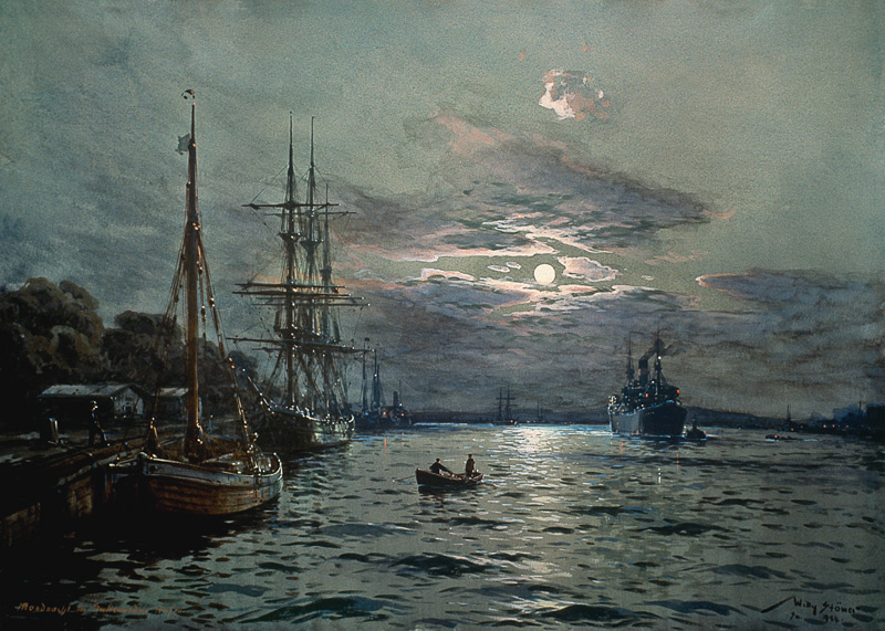 Mondnacht im Hafen von Swinemünde od Willy Stöwer