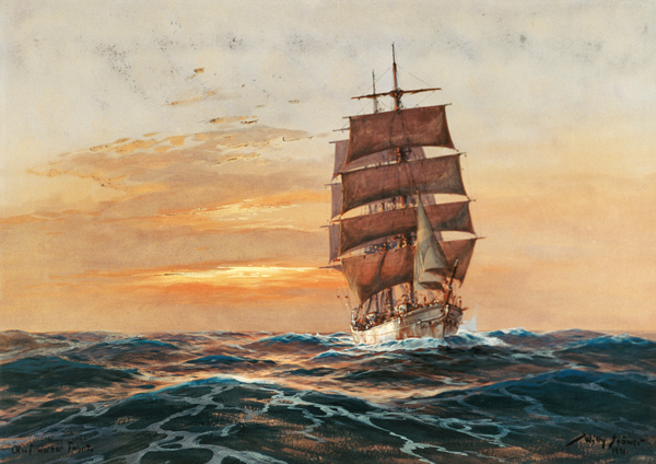 Vollschiff vor untergehende Sonne od Willy Stöwer