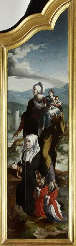 Triptychon mit der Kreuzigung Christi, Heiligen und Stifterfamilie. Rechter Innenflügel: Stifterin m od Wojciech Styka