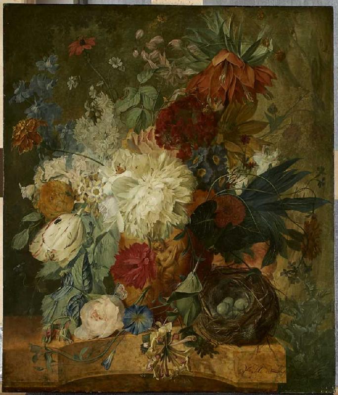 Stillleben mit Blumenstrauß und Vogelnest. od Wybrand Hendriks