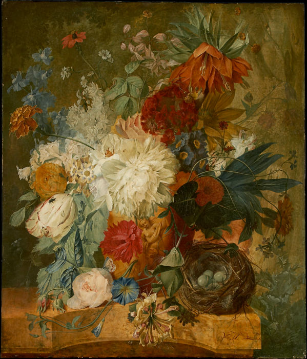 Still Life with Bouquet of Flowers and Birds Nest od Wybrand Hendriks