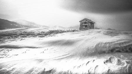 A hut in snowy blizzard