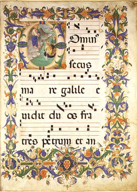 Missal 515 f.1r Page of choral music with an historiated initial 'O' depicting The Calling of St. Pe od Zanobi di Benedetto Strozzi